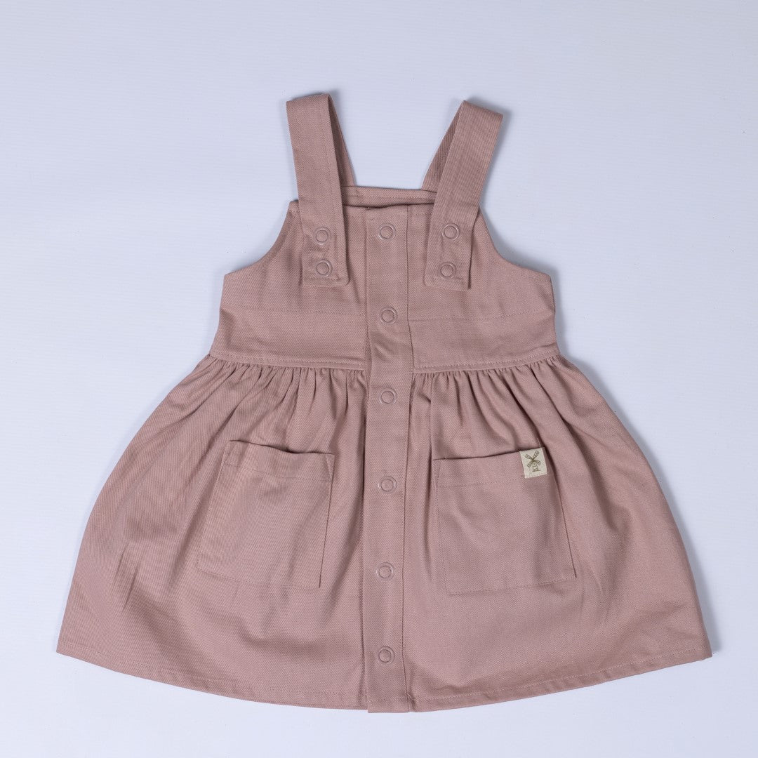 Dusty Pink pleated dress with shoulder straps, patch pocket and dyed to match poppers