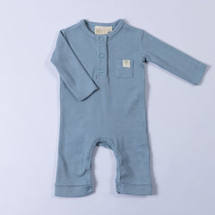 Slate blue jersey rib jumpsuit with popper crotch opening and cute chest patch pocket