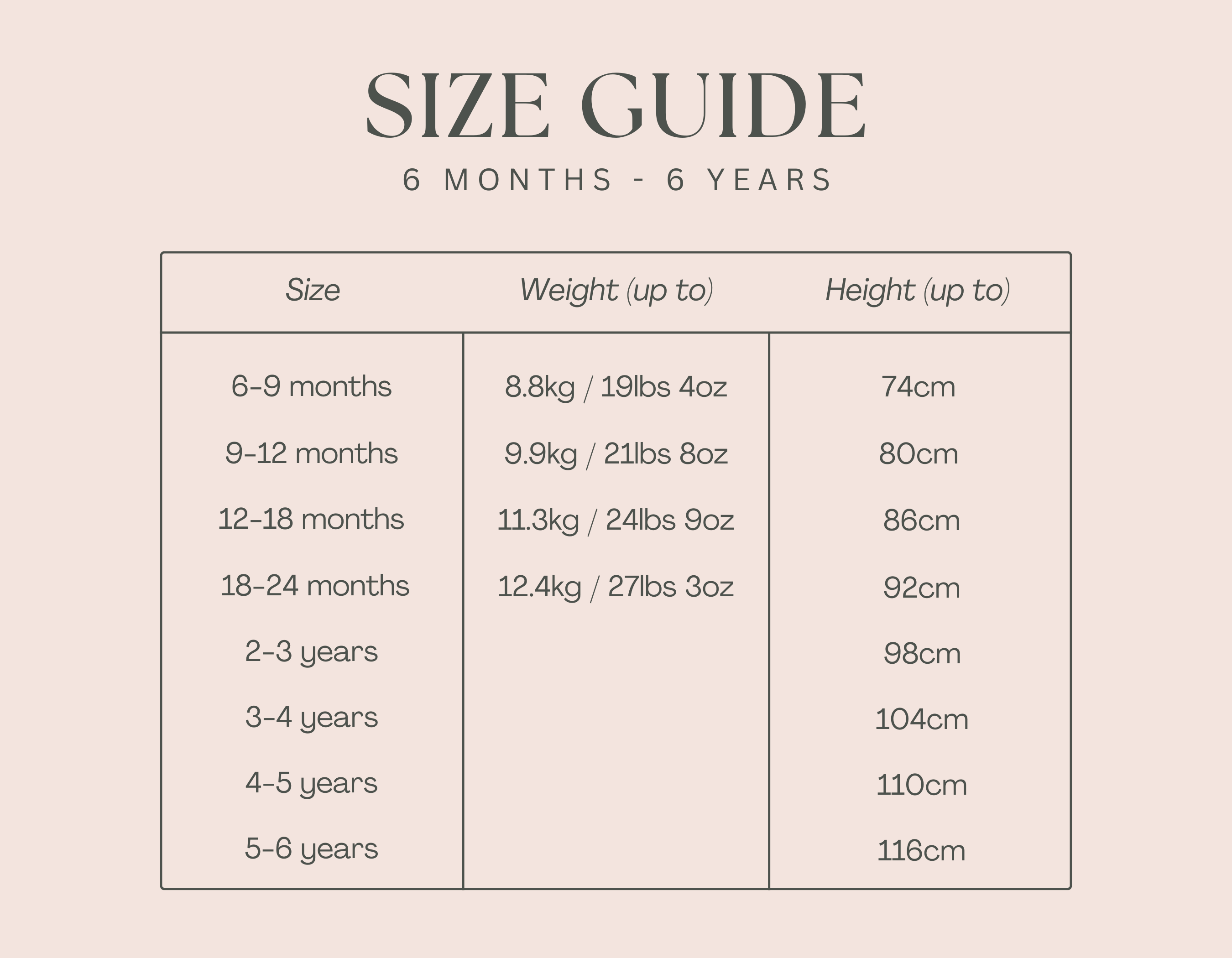 Aneby size guide 6 months to 6 years