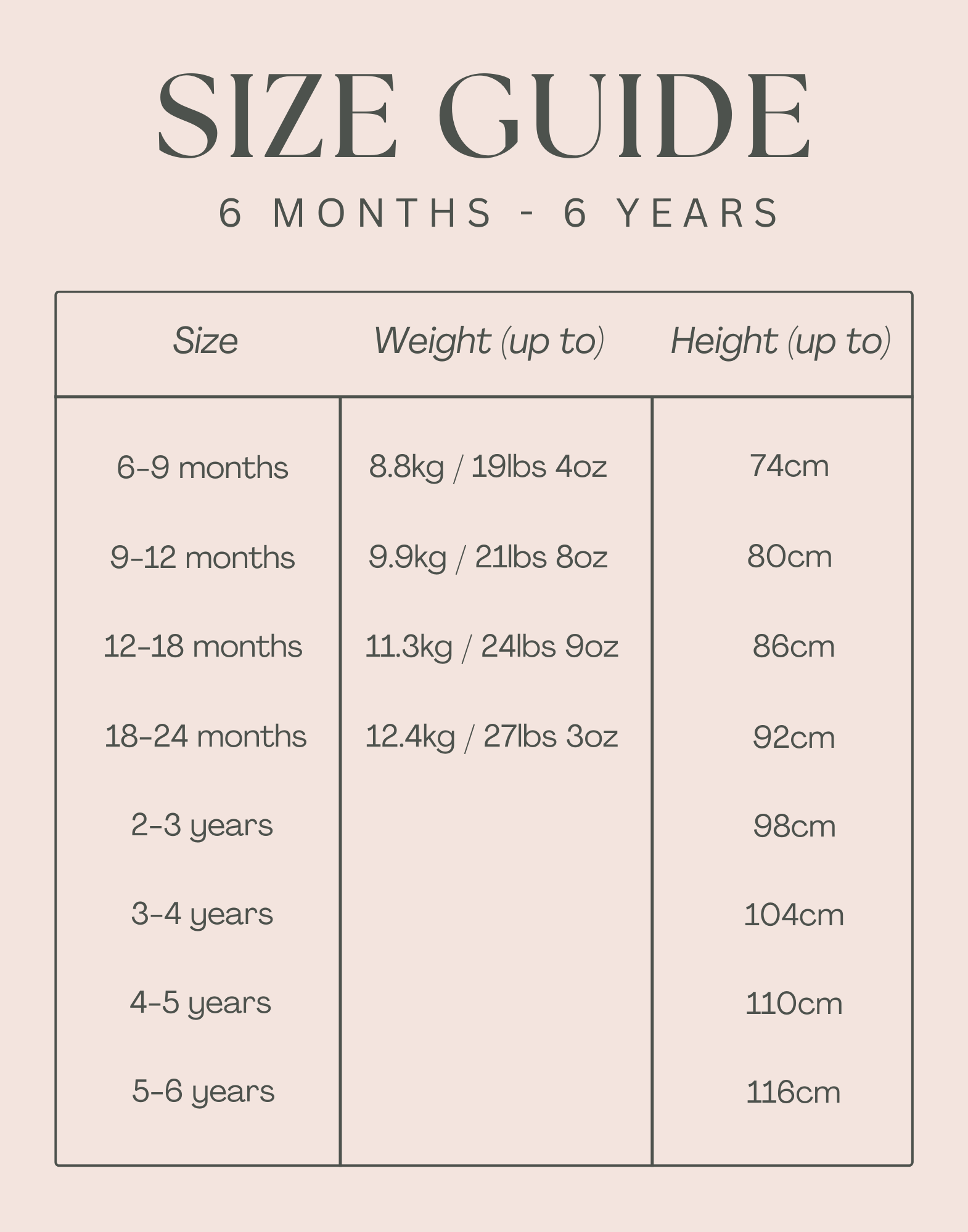 Aneby size guide 6 months to 6 years