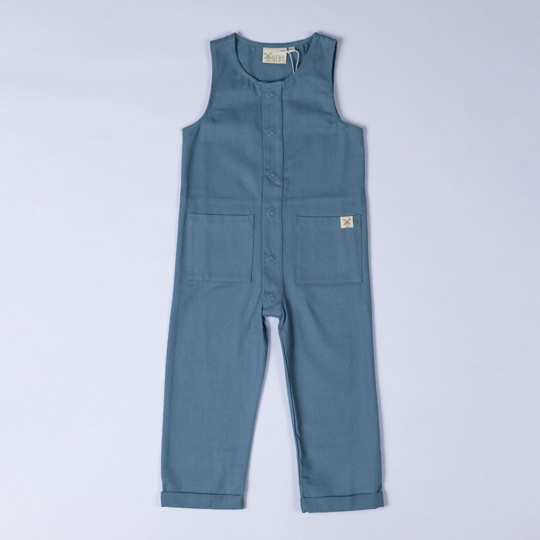 Slate blue Aneby jumpsuit withdyed to match poppers, rolled hem and front patch pockets