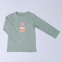 Sage long-sleeved t-shirt with abstract shapes on the front