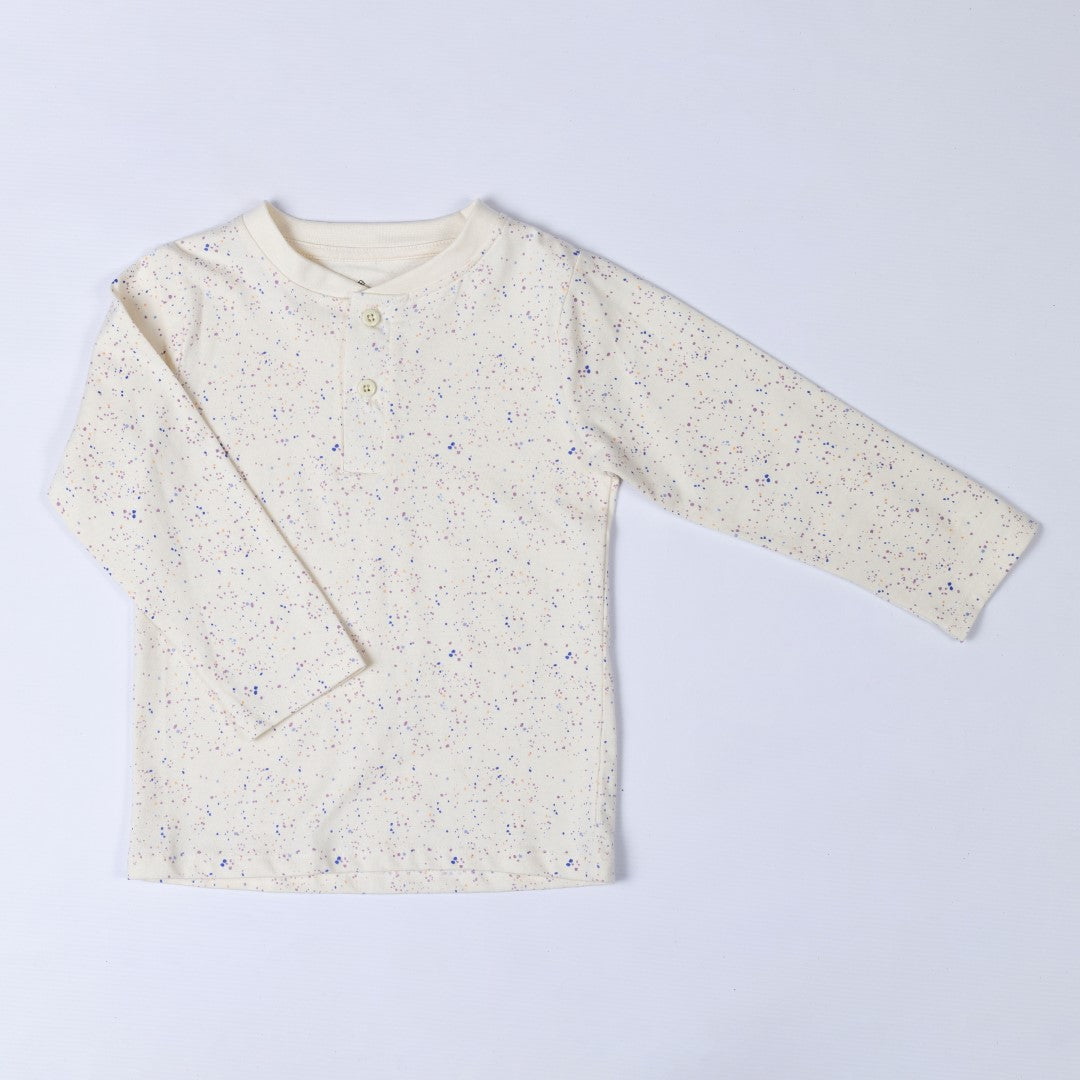 Cream long-sleeved t-shirt with multi-coloured speckle print