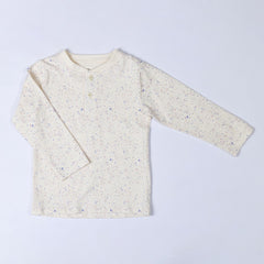 Cream long-sleeved t-shirt with multi-coloured speckle print