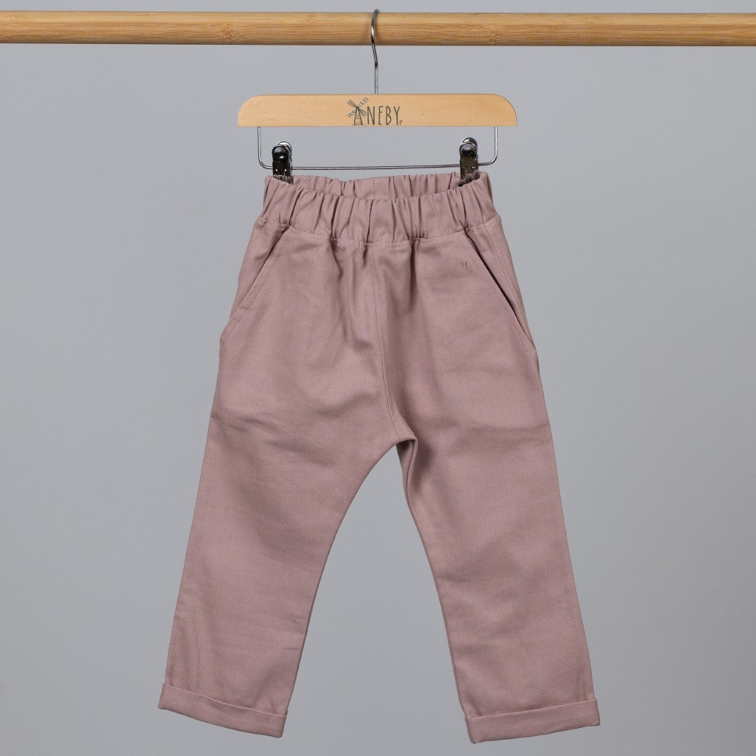 Dusty Pink chino style trousers with elasticated waist and rolled hem