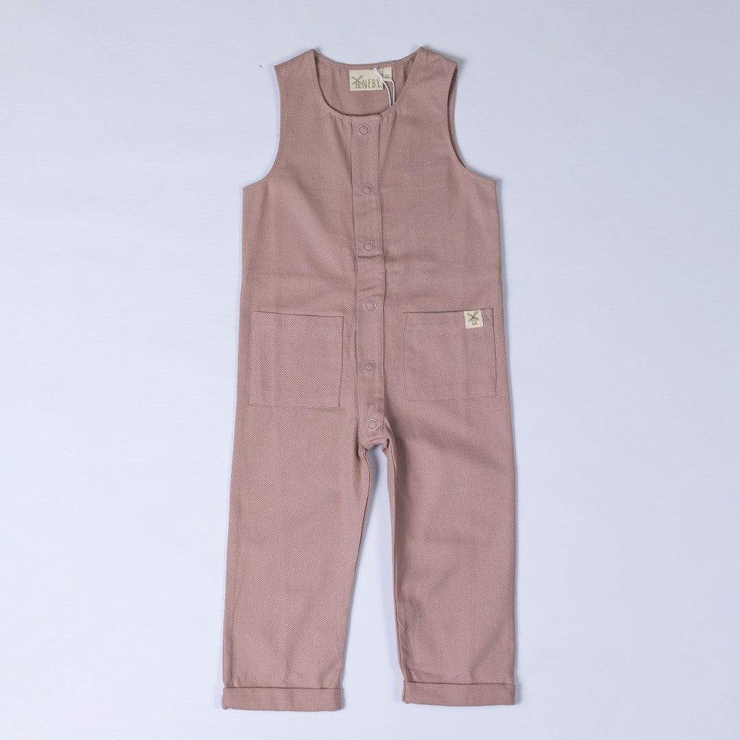 Sleeveless rib baby romper in dusty pink, front view, flat lay, displayed against a neutral background.