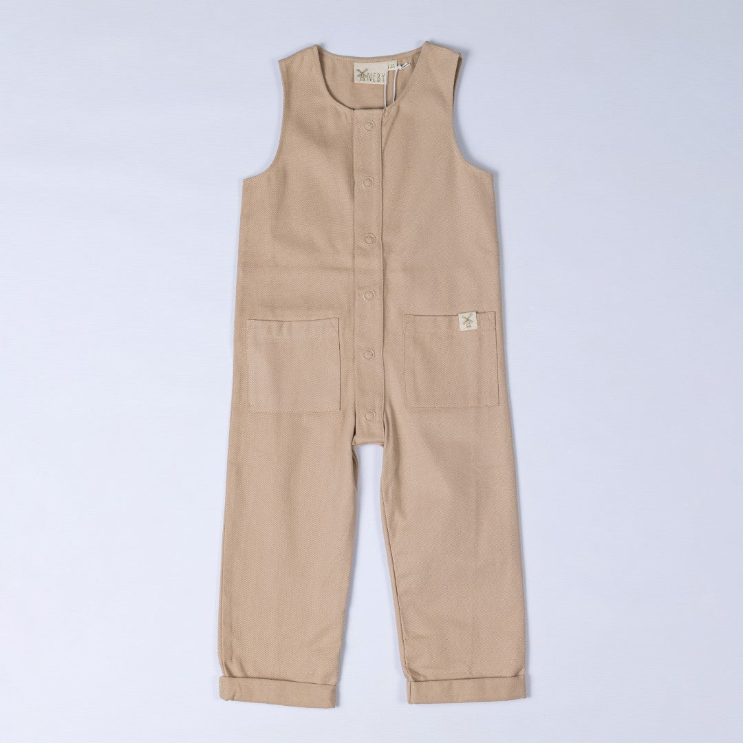 Sleeveless rib baby romper in oat, front view, displayed against a neutral background.