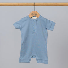 Slate blue short sleeve rib baby romper hanging, front view.