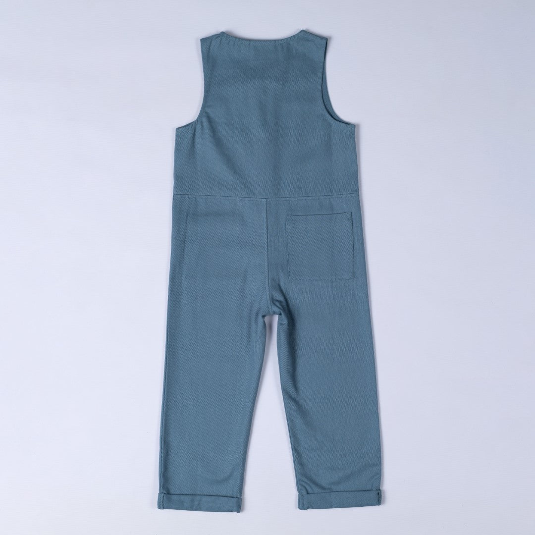 Sleeveless rib baby romper in slate blue, back view, flat lay, displayed against a neutral background.