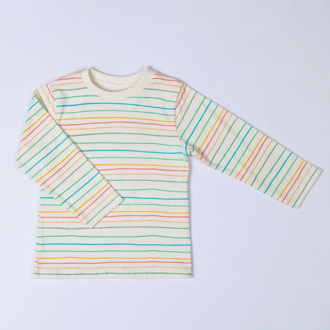 Kids long sleeve striped t-shirt with hand-drawn horizontal stripes in pastel pink, blue and yellow, hanging neatly on a wooden hanger against a neutral background.