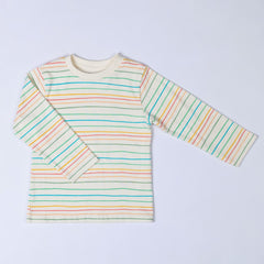 Kids long sleeve striped t-shirt with hand-drawn horizontal stripes in pastel pink, blue and yellow, hanging neatly on a wooden hanger against a neutral background.